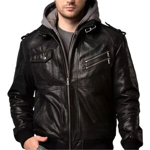 Flavor Mens Layered Pig Leather Hoodie Biker Moto  Jacket M Black Gray Removable